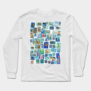 Blue postage stamps from all over the world Long Sleeve T-Shirt